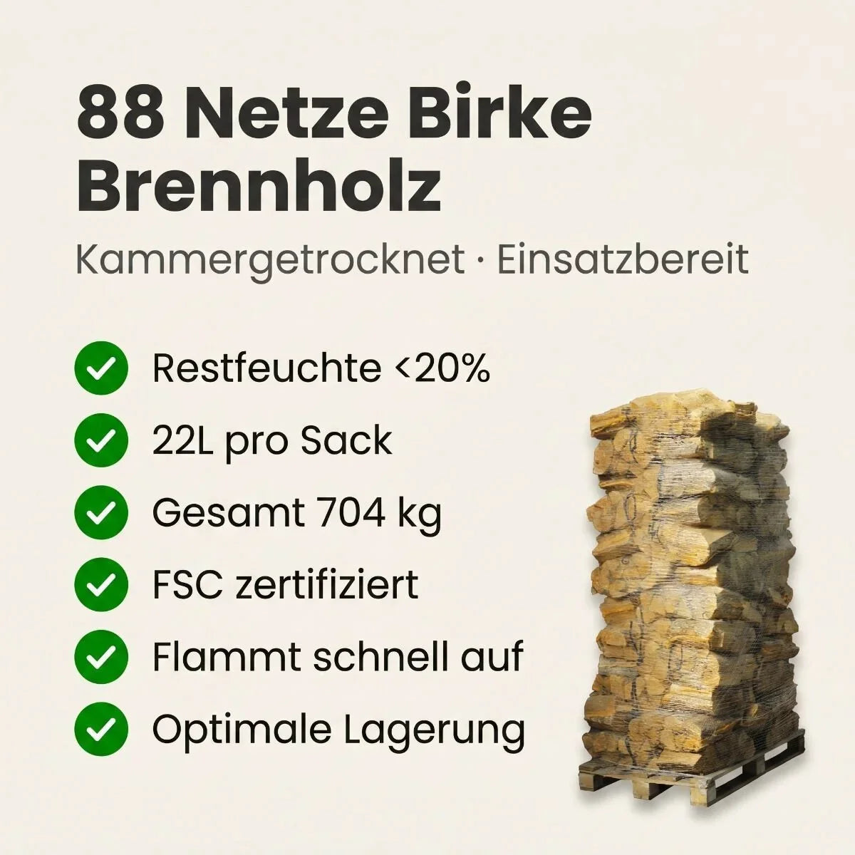 88 Netze Eschen-Brennholz 30–33 cm – 750 kg